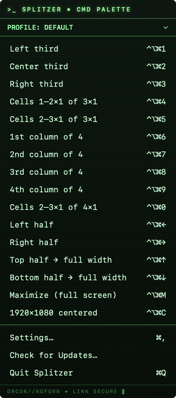 Splitzer's command palette open in the menu bar, listing grid, half-step, maximize, and fixed-size layout commands with their keyboard shortcuts.