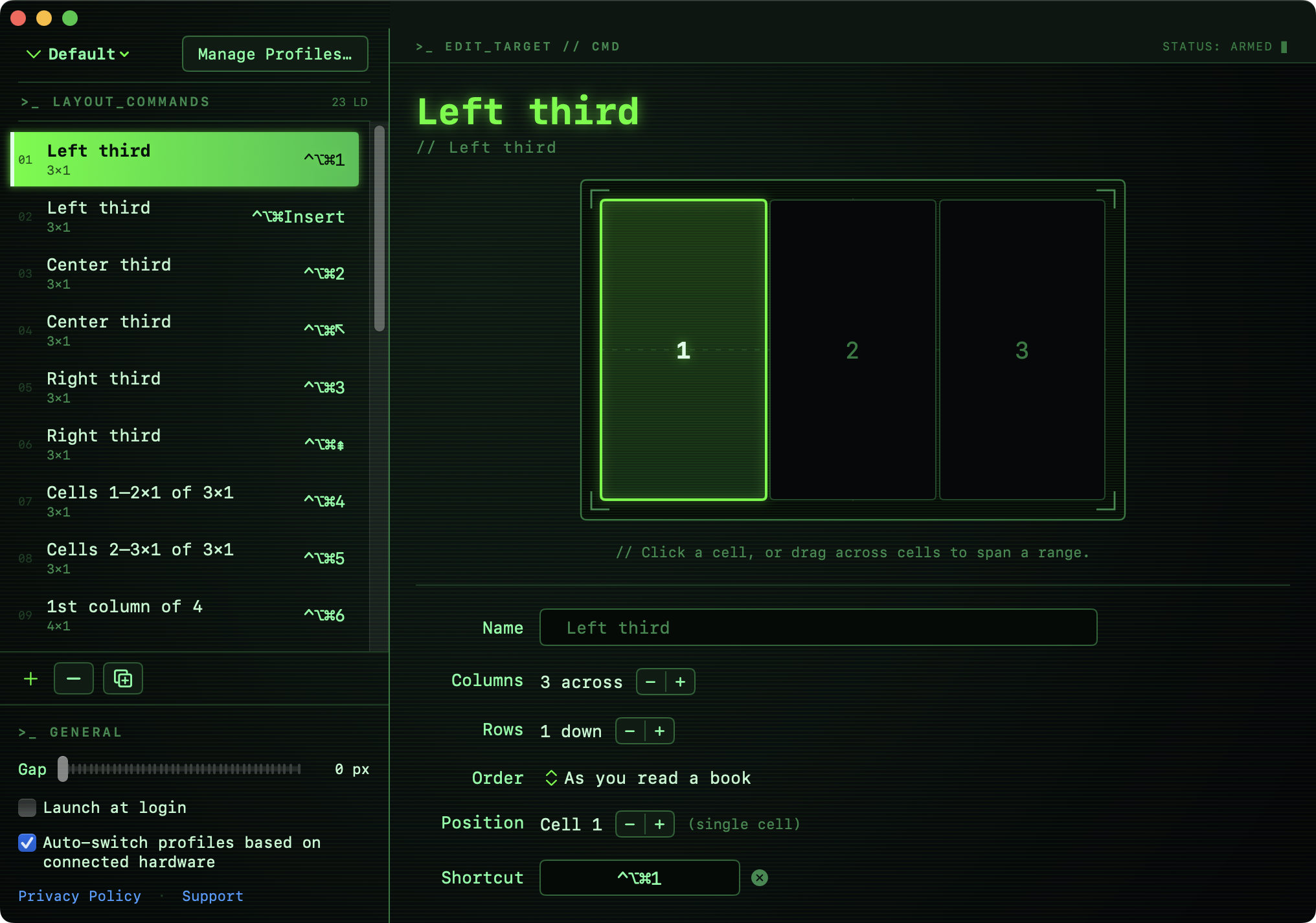 Splitzer's Settings window, showing the list of layout commands on the left and an editor for the selected command's grid, name, and shortcut on the right.